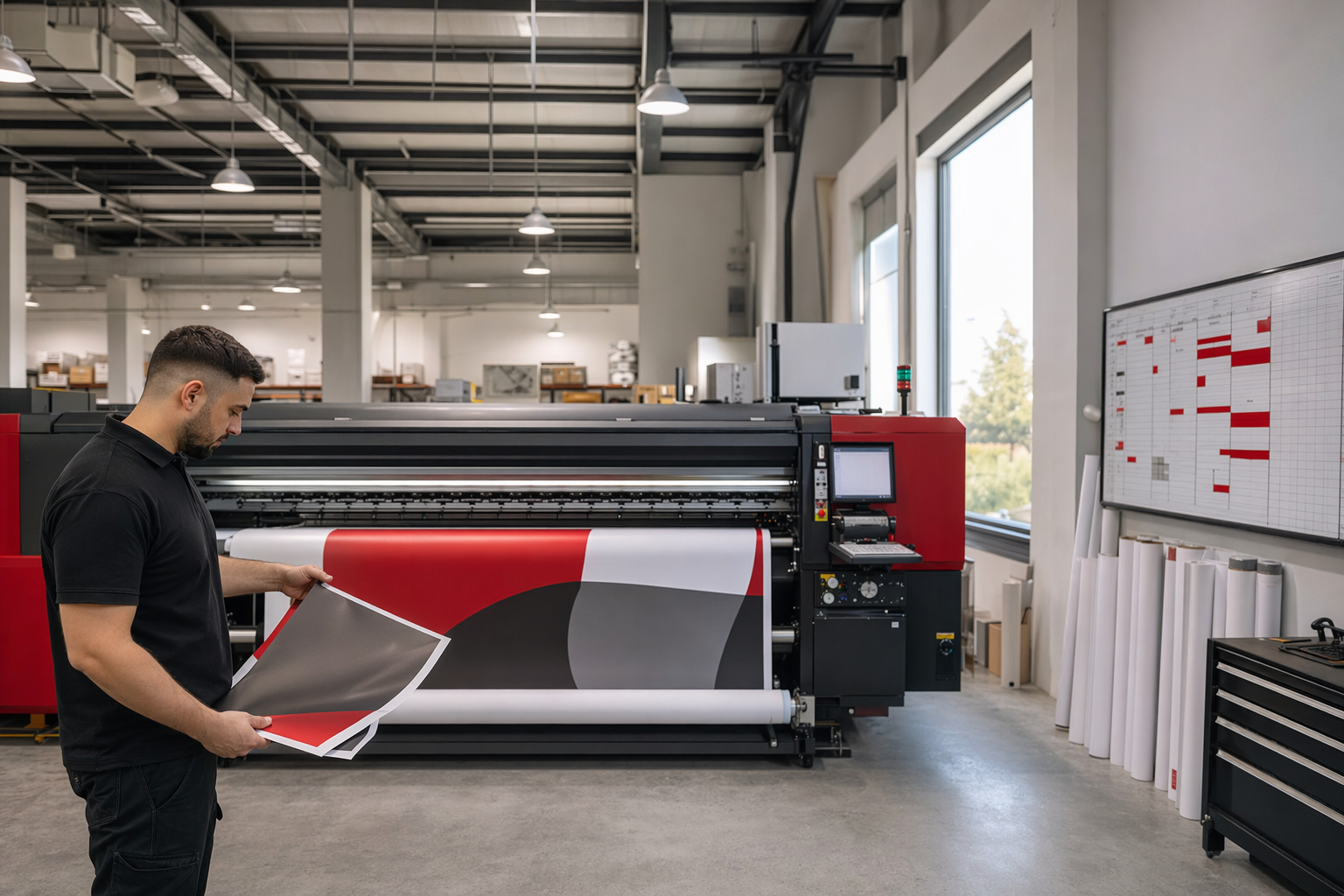 Modern print production floor in Kosovo with a large-format printer and an operator reviewing a printed sample, representing realistic lead times.