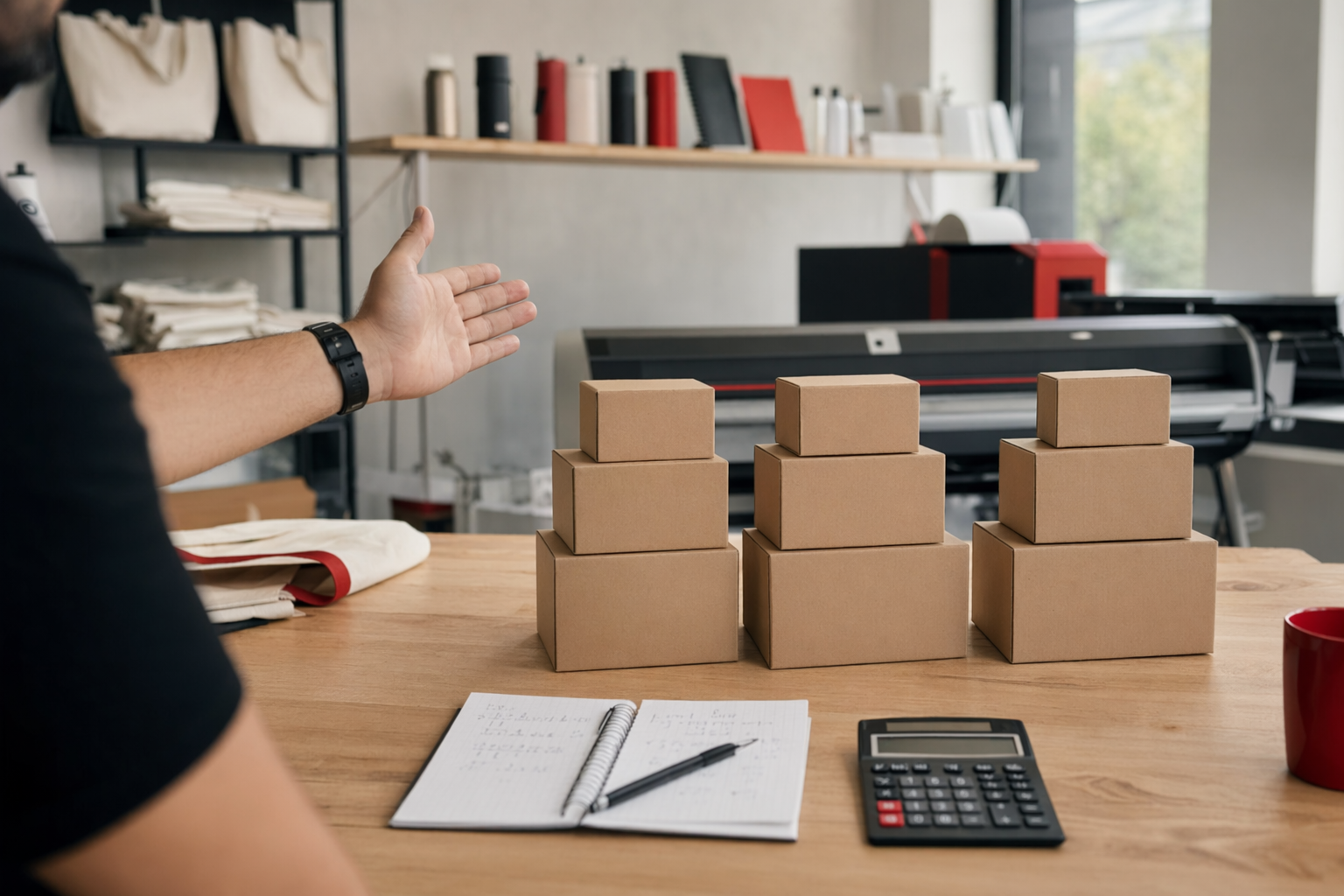 Stacks of unbranded cardboard boxes on a workshop table with a calculator and handwritten notes, representing minimum order quantity planning.