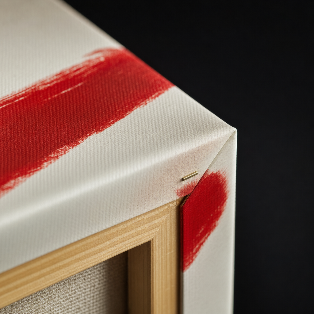 Macro detail of a stretched canvas on a light-oak frame showing the cotton weave