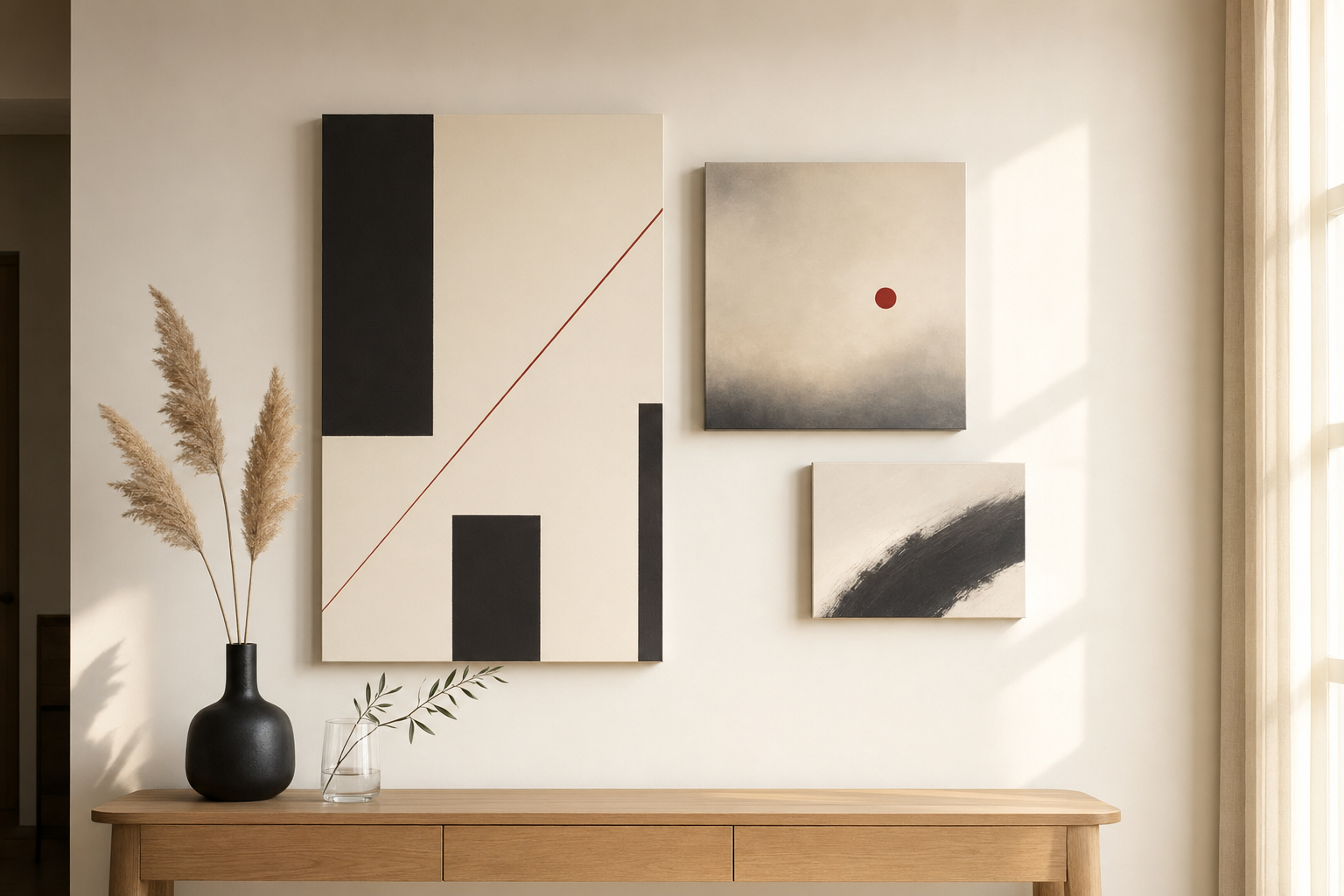 Curated gallery wall of three abstract canvas prints in mixed sizes in a minimal interior