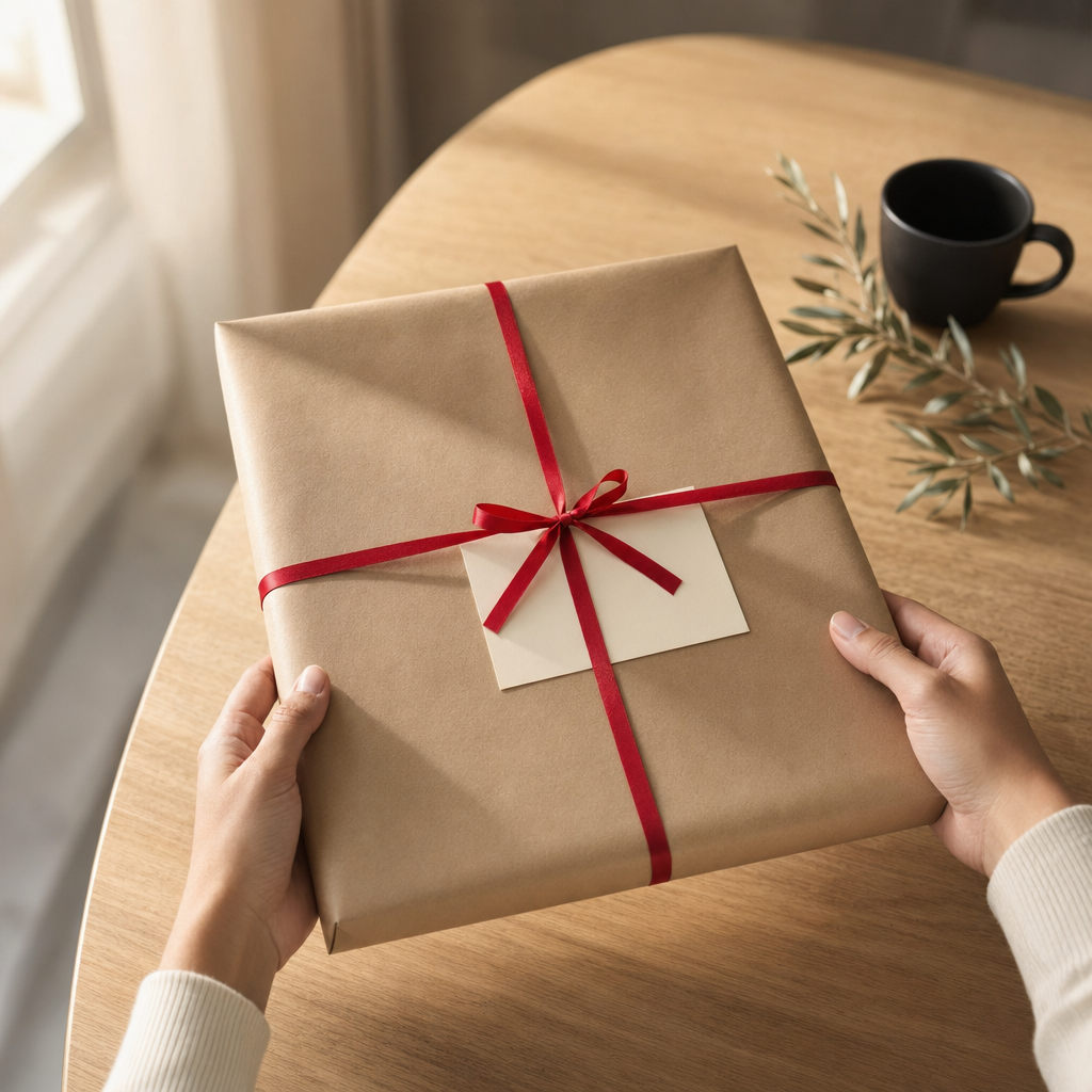 Canvas wrapped in kraft paper and a crimson ribbon, presented as a gift
