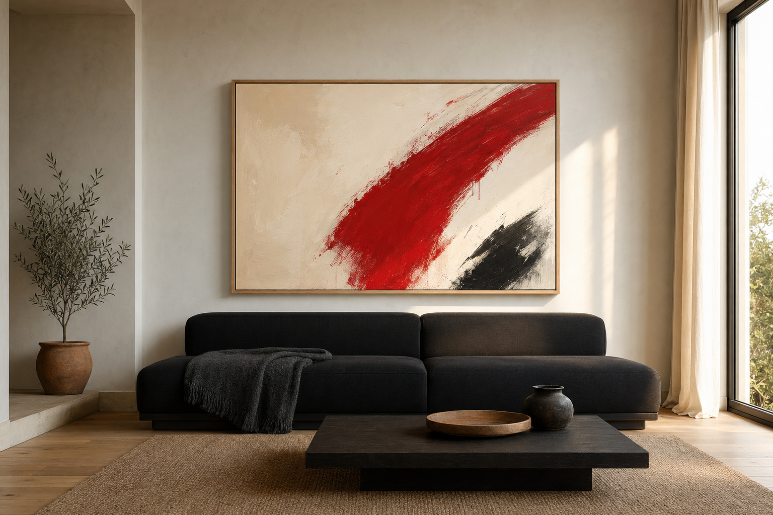 Large canvas painting in a light-oak frame above a modern sofa in a sunlit living room