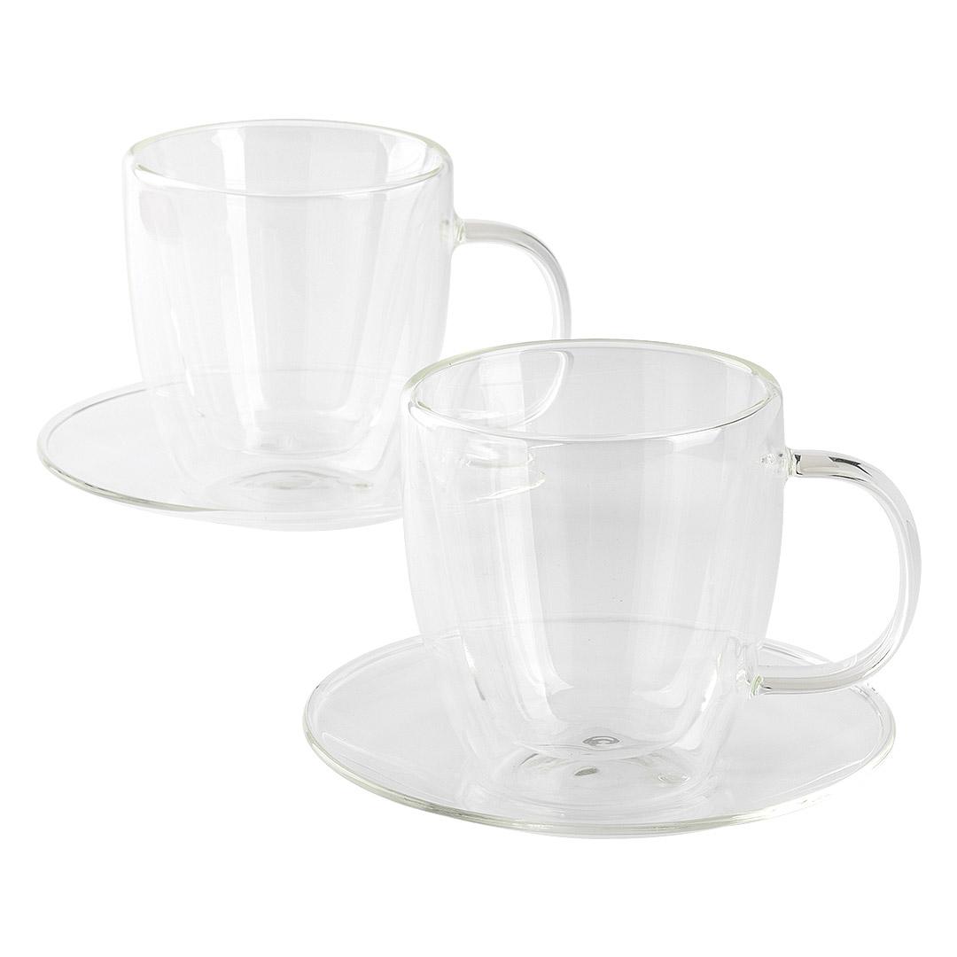 PIGNA MIDI, set me dy filxhanë xhami me pjata për cappuccino me mur të dyfishtë, 2 x 150 ml